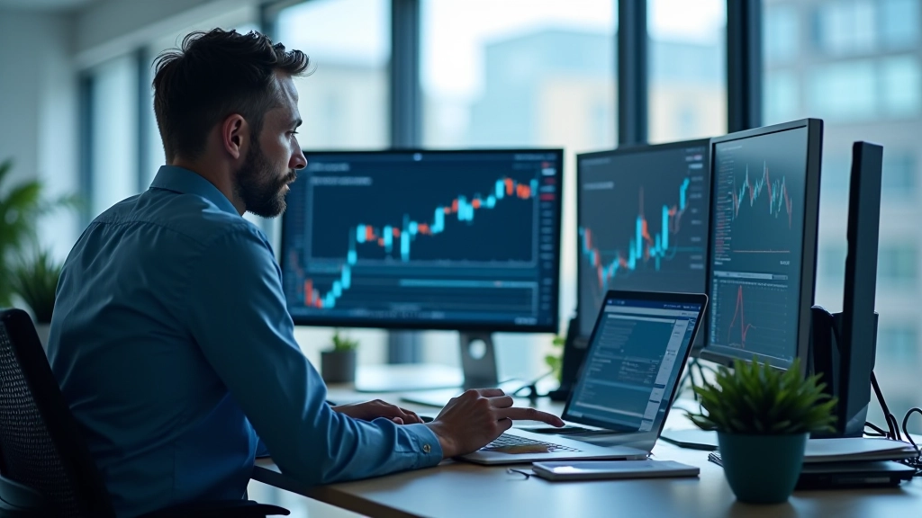 Professional analyst workspace with financial analysis tools and organized business materials