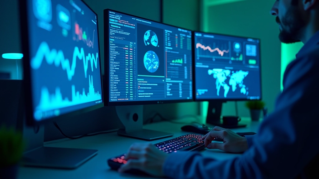 Data visualization showing financial networks and AI algorithm patterns on display screens