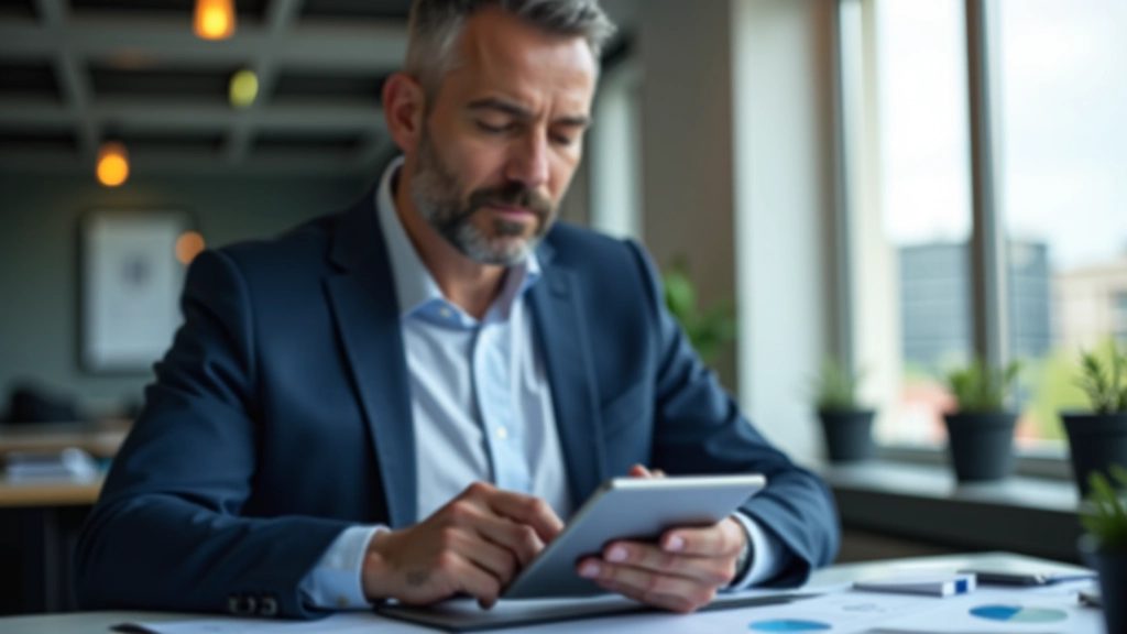 Investor analyzing financial charts and growth metrics on tablet device with coffee and notebook on clean desk