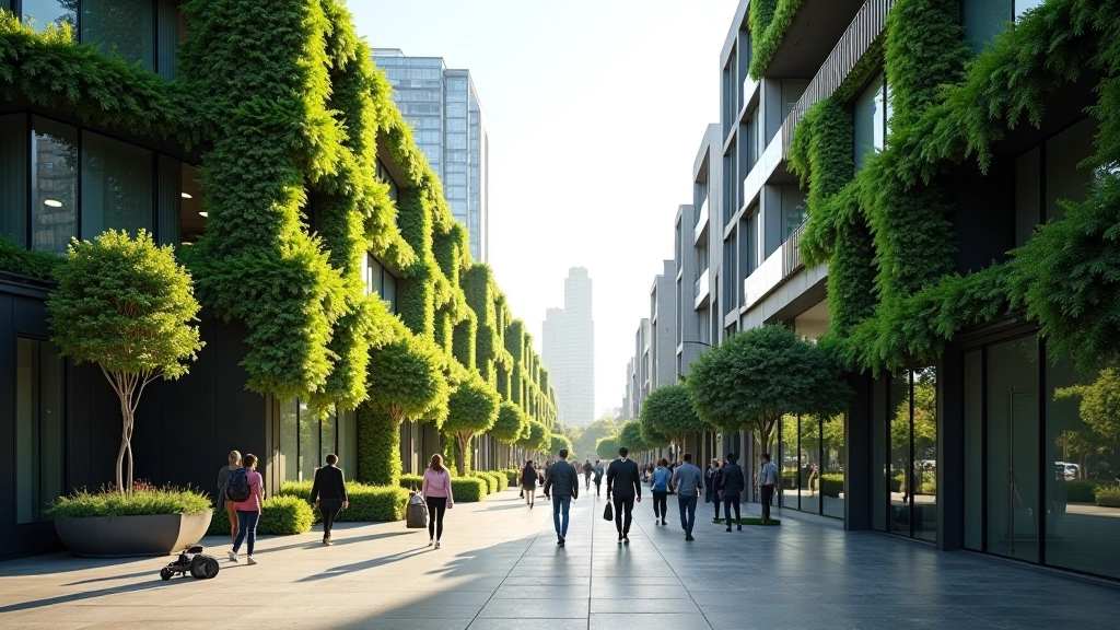Sustainable urban environment with green buildings and trees demonstrating environmental technology integration in city planning