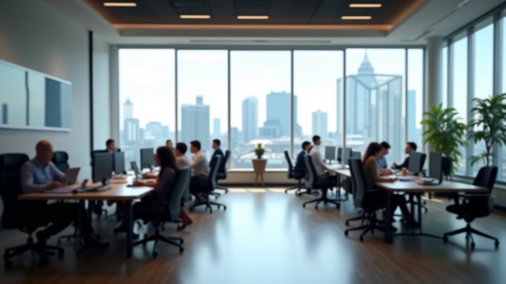 Modern fintech office space with collaborative work areas and technology infrastructure