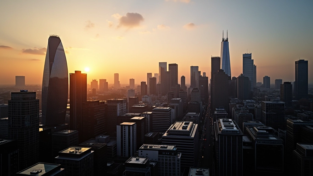 Modern London skyline with glass office buildings and tech startup spaces during sunset, cityscape view