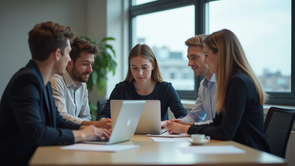 Tech startup team collaborating in modern coworking space with whiteboards and computers