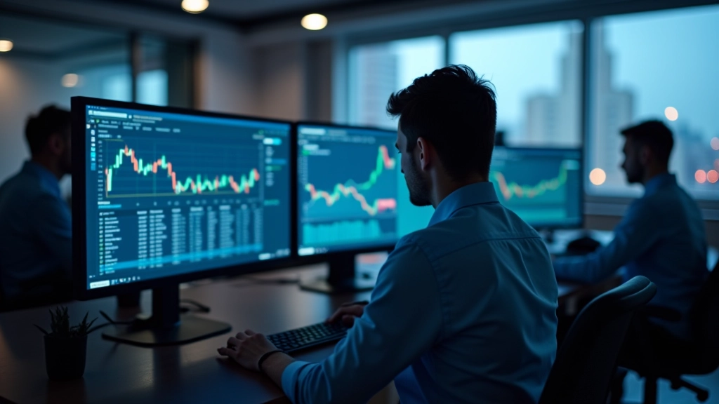 Financial trading desk with multiple monitors showing market data and analytics